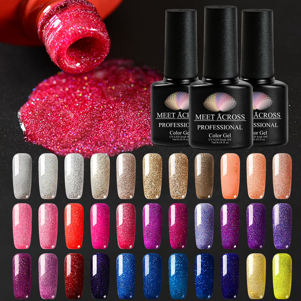 MEET ACROSS 7ml Nail Polish Holographic Glitter Platinum UV Nail Gel Polish Shine Shimmer Manicure Soak Off Nail Art Varnish